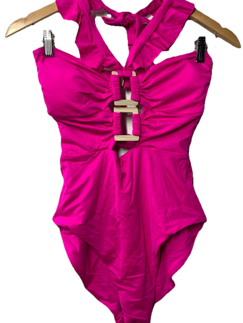 Soluna Swim Buckle Up One Piece Bandeau Cut-Out Ruffled Halter Swimsuit Medium